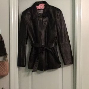 Black leather belted jacket